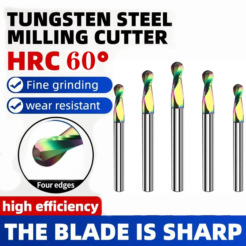 HRC55 Colorful Aluminum Ball Nose Milling Cutter 2 Flutes Tungsten Steel End Mill CNC Machine Tools 50/60/75/100/150mm Tools