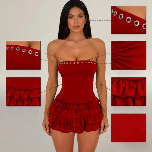 Imagen 1 del producto Minivestido sin tirantes con volantes y detalle de ojales para mujer Vestido ajustado de fiesta sexy para trajes de club y de noche