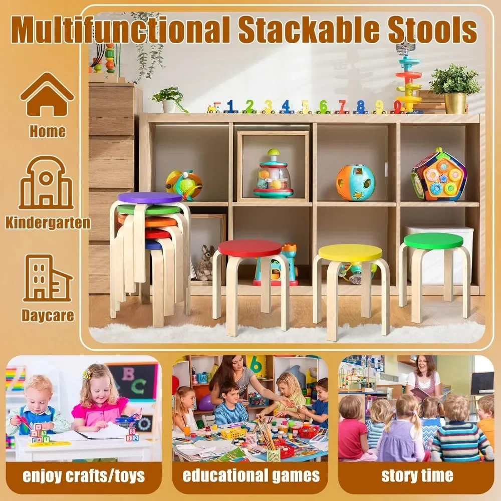 6 Pcs 12 Inch Bentwood Stacking Stool for Kids Colored Durable Round Nesting Stool Flexible Wood Stackable Stool Chairs