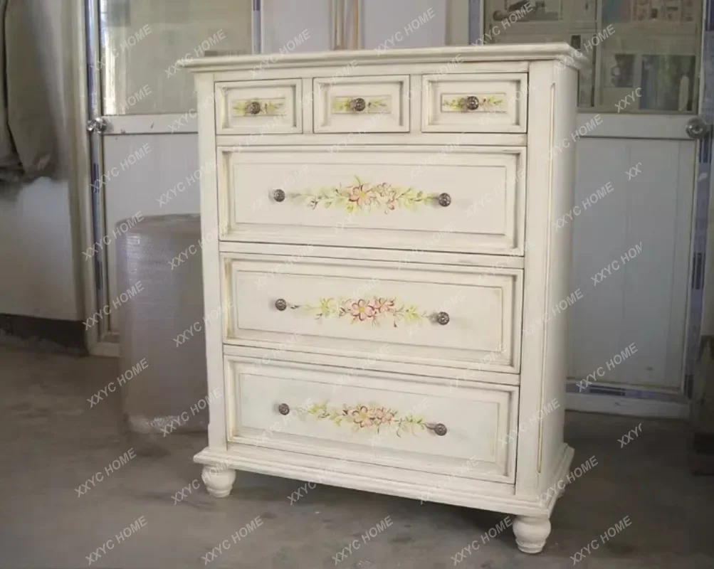 Solid Wood Rustic Antique White Hand-Painted Rose Flower Six-Drawer Cabinet Pastoral Style