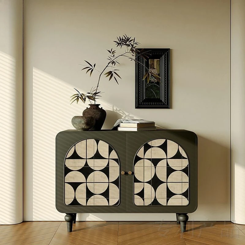 

Medieval cream French style living room bedroom solid wood painted storage locker porch cabinet geometric pattern decorative