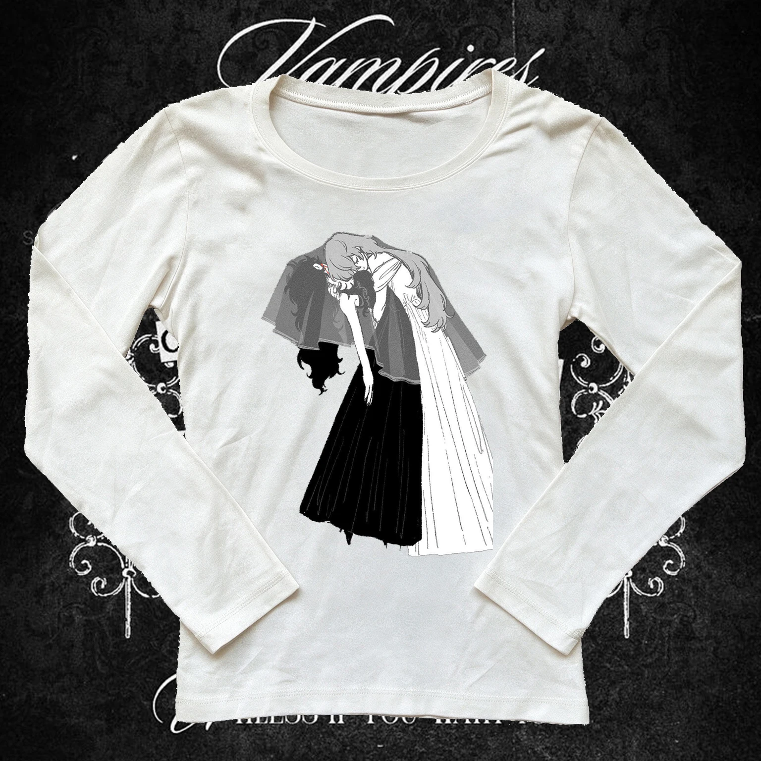 Women Long Sleeve T Shirt Gothic Vampire Bride Girl Print O-Neck Casual Tee Dark Aesthetic Y2K Harajuku Alt Streetwear Top