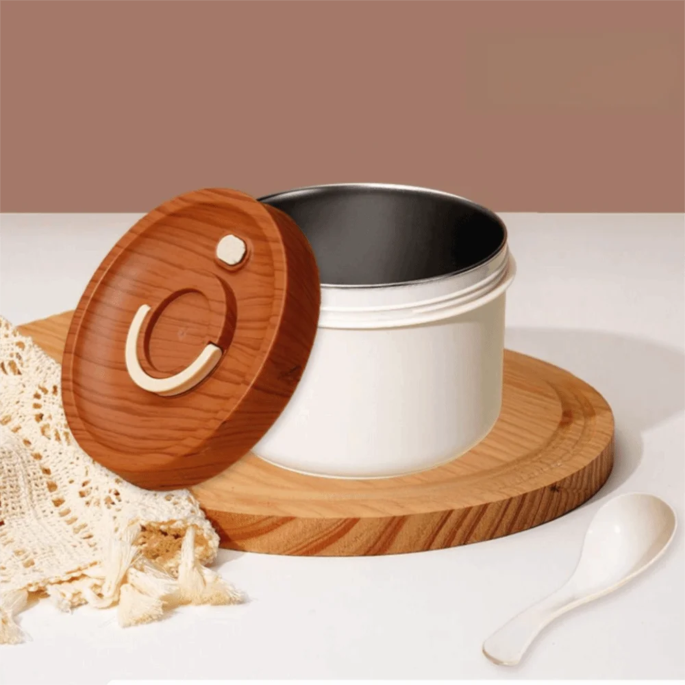 Lonchera Aislada de Acero Inoxidable de Doble Capa con Tapa de Imitación Madera, Contenedor de Alimentos a Prueba de Fugas con Cuchara para Desayuno