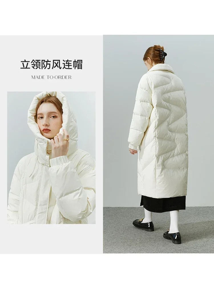 FSLE 199-233G Filling Capacity Three-dimensional Hooded Design Long Down Jacket for Women Simple High-end White Duck Down Jacket