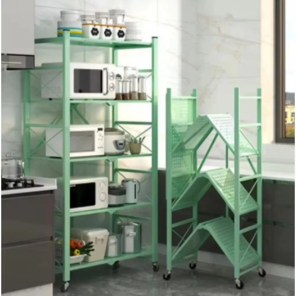 Foldable Bookshelf Kitchen Storage Rack Multilayer Movable Trolley Utility Cart Balcony Flower Stand Shelves Closet Organizer