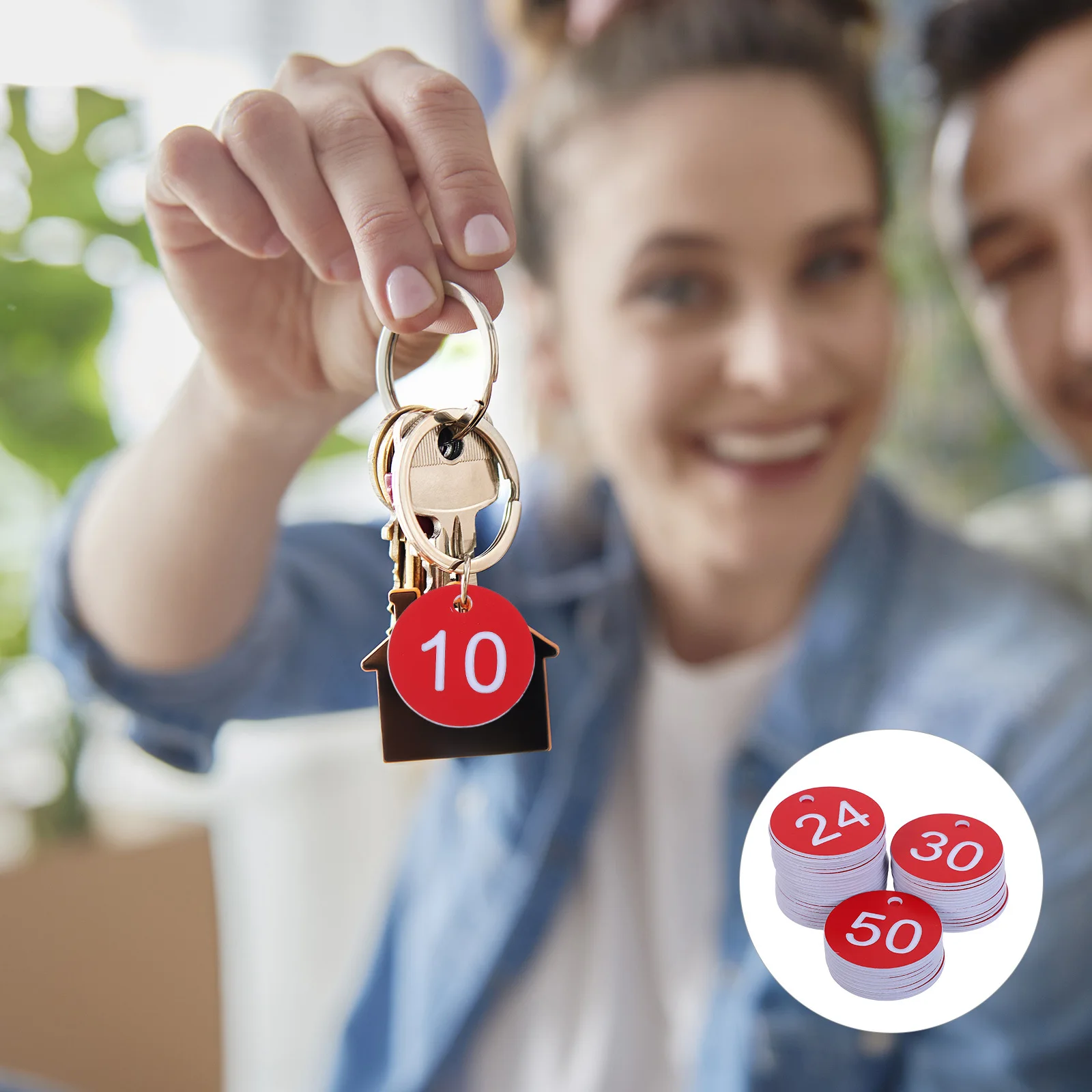 

50Pcs Round Red Plastic Number Tags Engraved Key Label Tags Multipurpose Identification for Home Office Hotel Storage Keychains