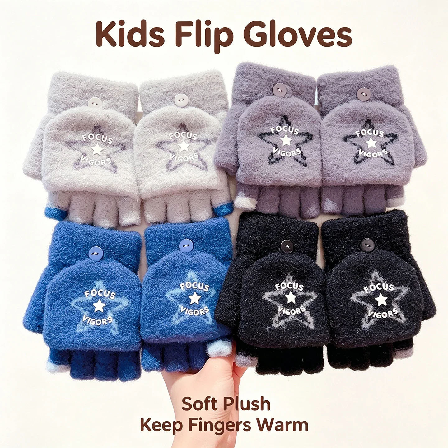 Kids 2-in-1 Flip Cover Winter Gloves Soft Faux Mink Plush Knitted Mittens Star Stripe Print Half Full Finger Gloves for Boy Girl