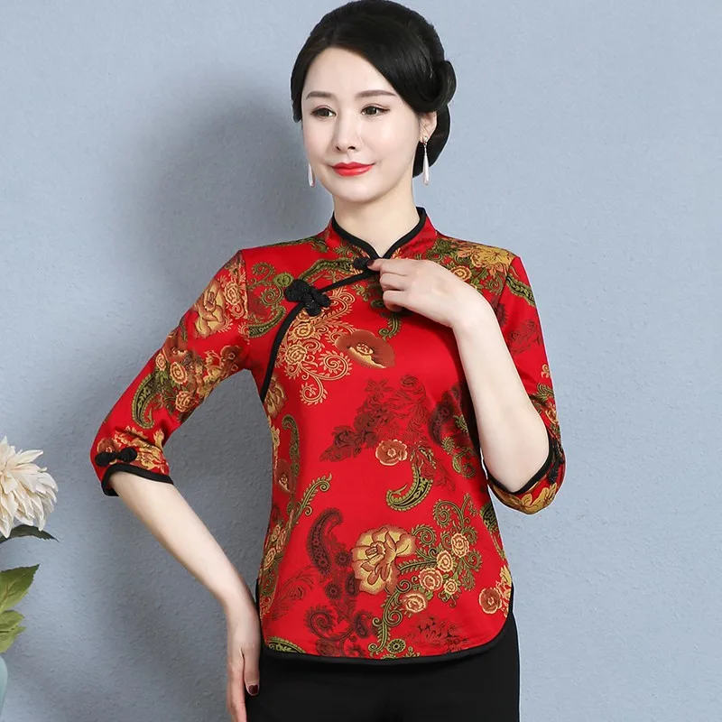 Spring and summer three-quarter sleeve Tops Women Blouse Traditional Vintage Chinese printed cheongsam collar Shirt