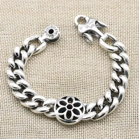 Motorcycle punk trend influencer domineering pure silver bracelet men's jewelry Thai silver wide face thick style glossy bracele