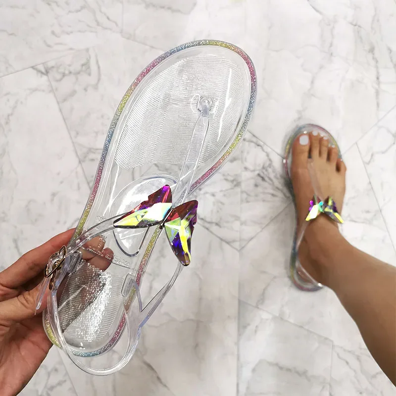 Large Size 42 Fashion Woman Jelly Shoes 2021 New Transparent Women's Sandals Summer Simple Butterfly PVC Beach Crystal