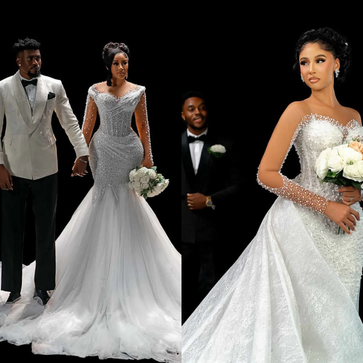 

Luxury Wedding Dresses Mermaid Appliques Full Sleeve Embroidery Sequins Lace On Net Princess Dress Floor-Length Custom Made