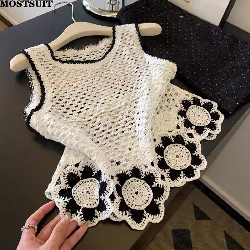 

Hollow Thin Knit Sweater Vests Women Summer Crochet Stylish Chic Sexy Ladies Crop Tops Knitwear Sleeveless O-neck Slings Jumpers