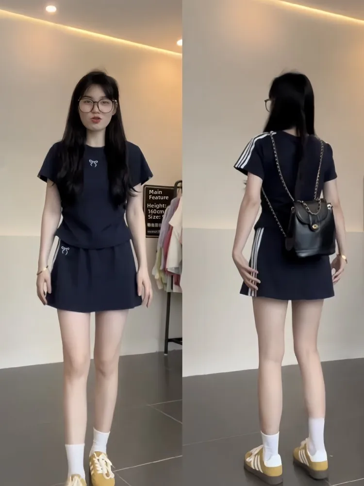

Plus Size plus Size Summer New Korean Sle Sport Stripes T-irt ort Skirt Two-Piece Set Women Comfortable Breathable Faion Outfit