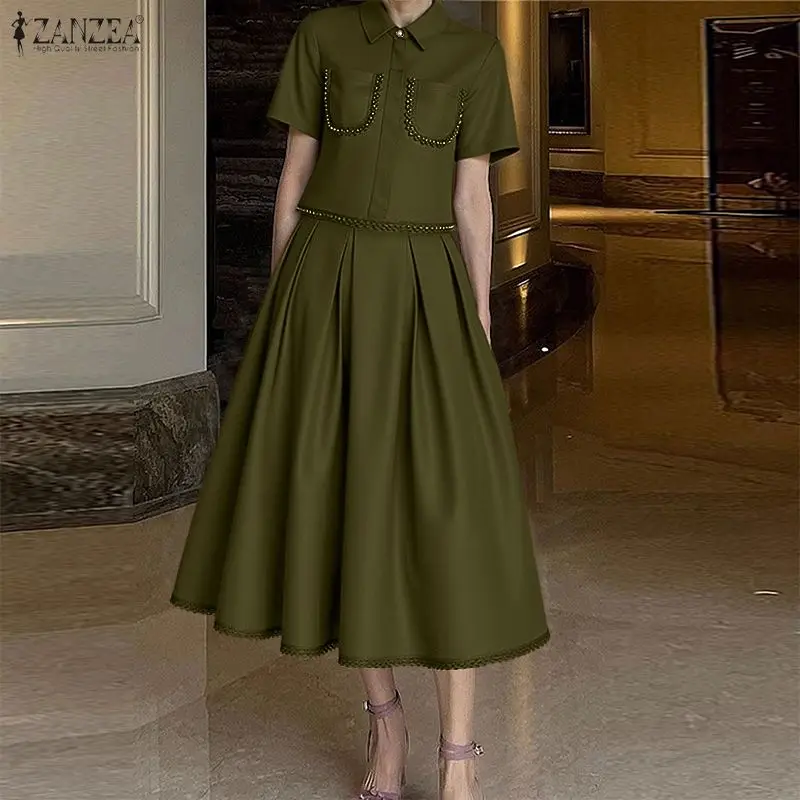 ZANZEA Elegant Lace Trim 2-Pieces Skirt Sets Women's Short Sleeve Crop Tops & A-Line Midi Skirts Matching Sets Outfits S-3XL