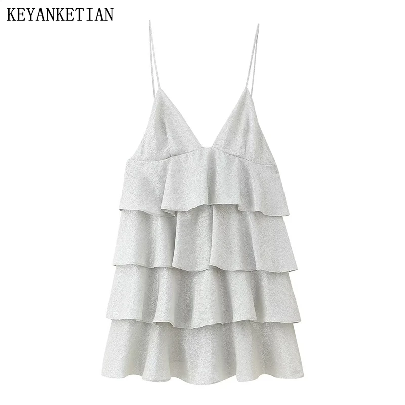 Keyanketian 2025 verão novo feminino em camadas babados decoração deslizamento vestido de férias vento com decote em v solto sem costas uma linha mini vestido