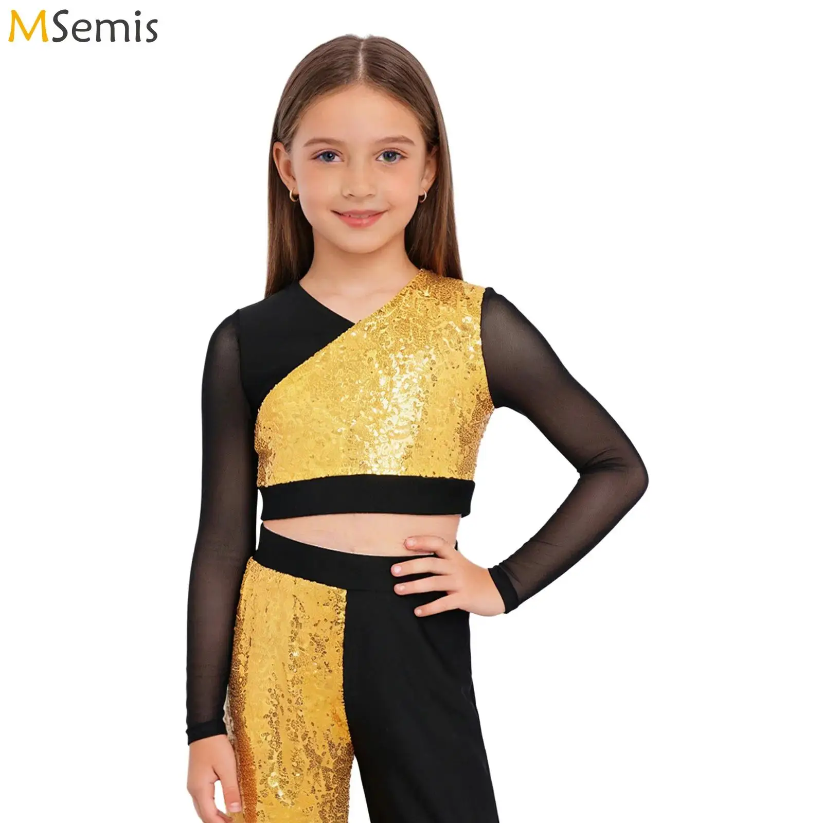 

Kids Girls Sparkling Sequins Hip Hop Jazz Dance Tops Performance Costume Mesh Patchwork Long Sleeve V-Neck Cutout Back Crop Top