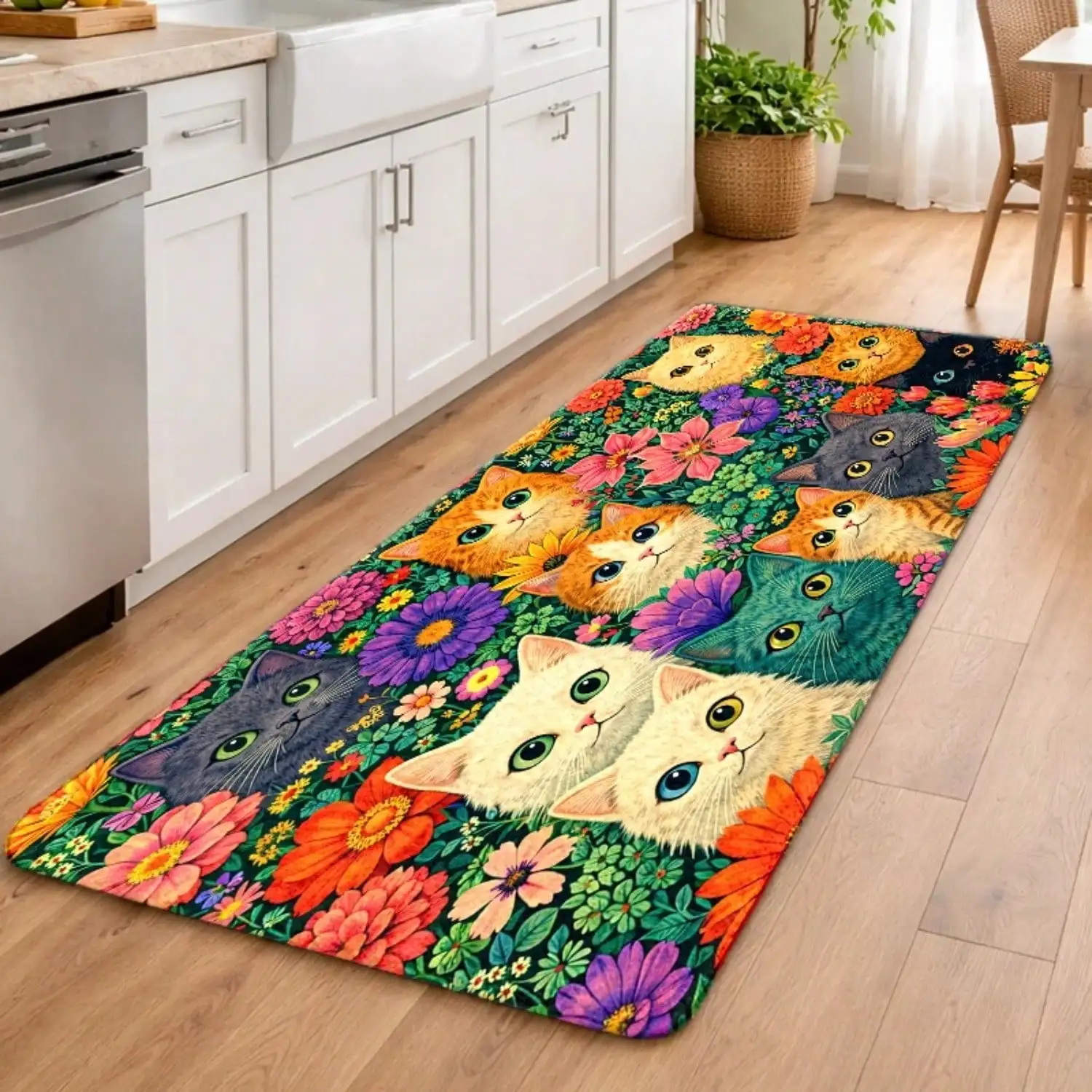 1pc Super Cute Cat And Flower Doormat, Cartoon Style Non-Slip Rug, Suitable For Living Room, Bedroom, Balcony, Etc., Combining Animal And Floral Themes, Great