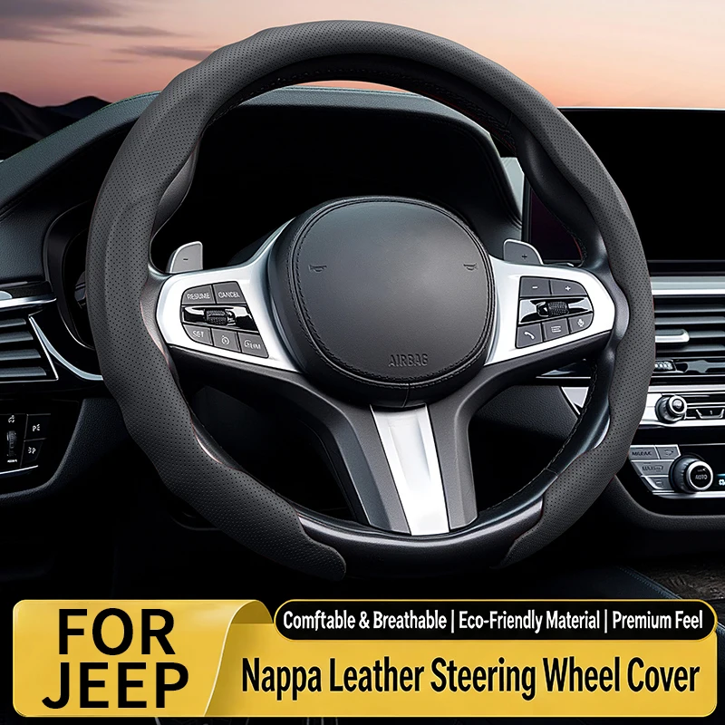 Nappa Leather Non-Slip Wear-Resistant Steering Wheel Cover for Jeep Wrangler Gladiator Renegade Compass Grand Cherokee