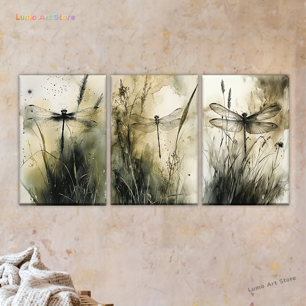 3pcs, Canvas Painting--Unframed, Dragonflies by Artist Jenny Ho, Artist Drawing Set, Living Room, Office, Library, Bar, Cafe,