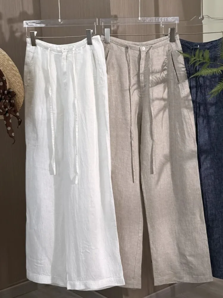 

Linen Wide Leg Pants Women's Summer Design Draped Old Money Style Casual Pants Loose Slimming Straight Cut Cotton High Waist