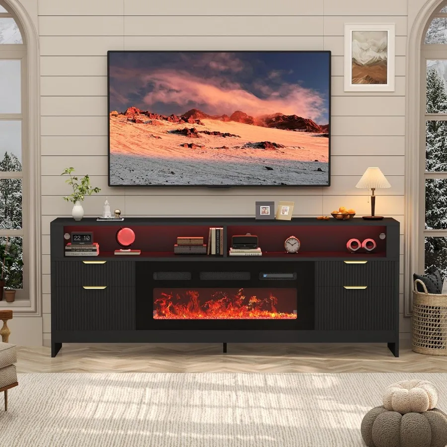 70 Fireplace TV Stand with 36 Electric Fireplace in Black Modern TV Console Cabinet with LED Lights for Living Room Media Enter