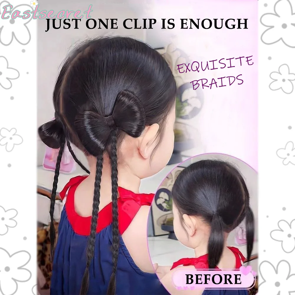 شعر مستعار اصطناعي من EAST ذيل حصان مزدوج من العجين المقلي، عقدة على شكل فيونكة، مشبك إمساك على شكل رأس كرة منفوشة مرحة