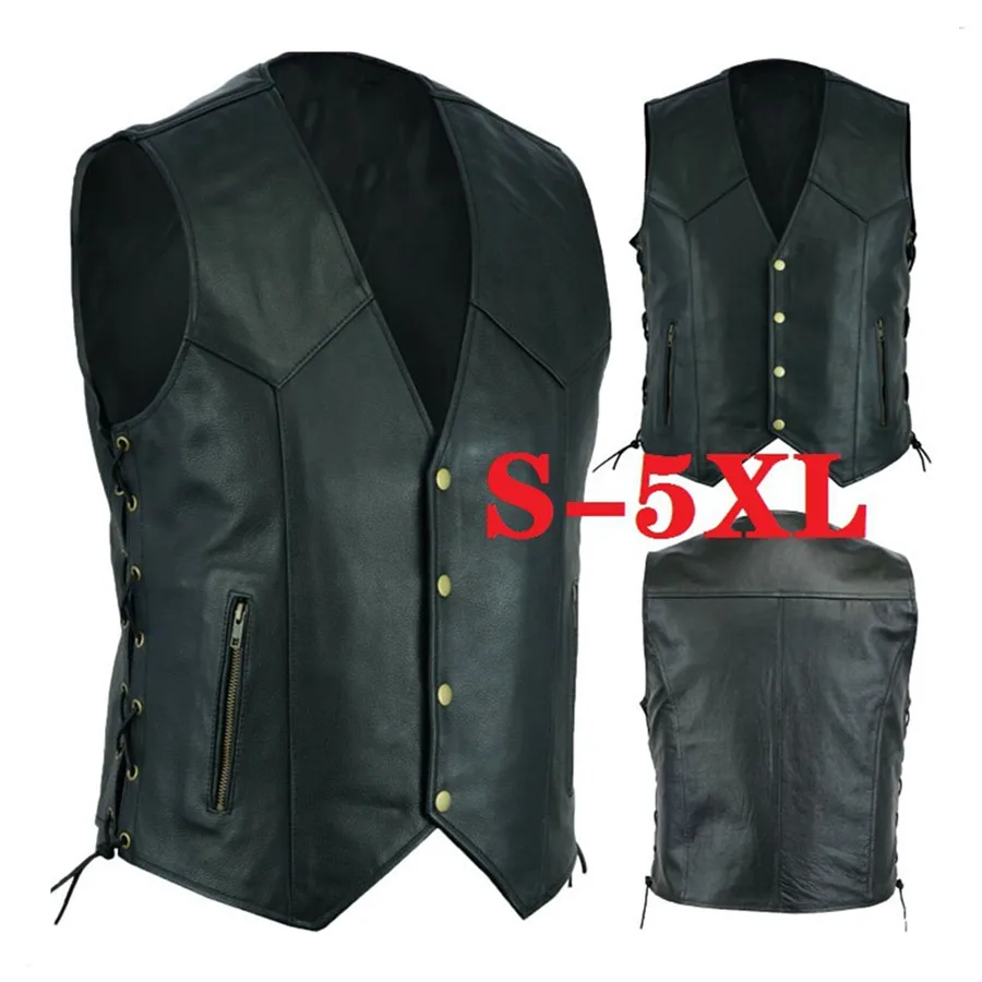

Новинка 2023 года, мужской повседневный однобортный однотонный жилет из искусственной кожи, мотоциклетные жилеты на шнуровке, куртка без рукавов, мужской жилет в стиле панк