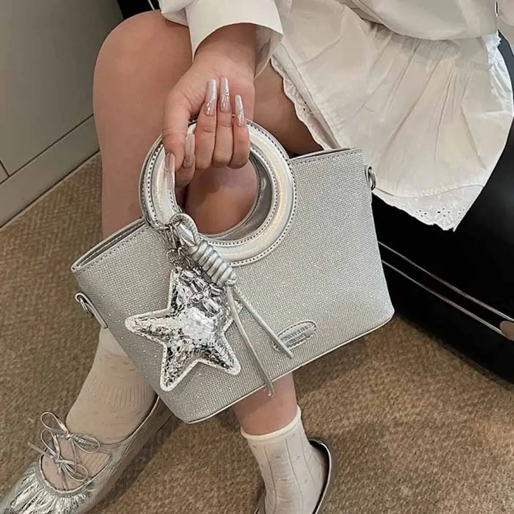 Lindo bolso de mano de PU con forma de estrella plateada, bolso cruzado, cesta pequeña, bolso de hombro, bolso de banquete brillante de estilo coreano para mujer
