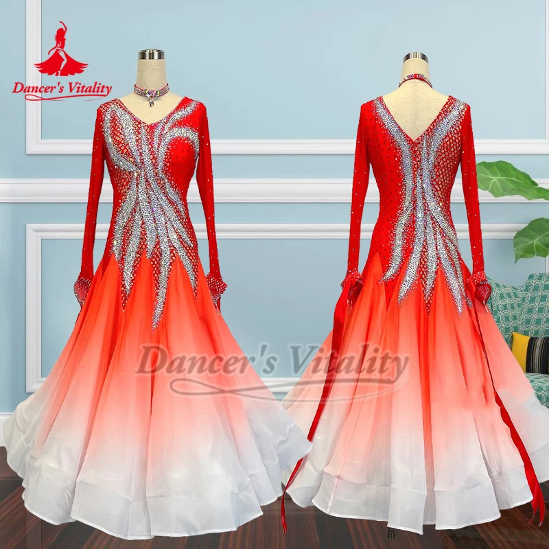 Valse adulte femme rouge-blanc dégradé couleurs AB pierres robes de compétition avec collier luxueux personnaliser la vitalité du danseur