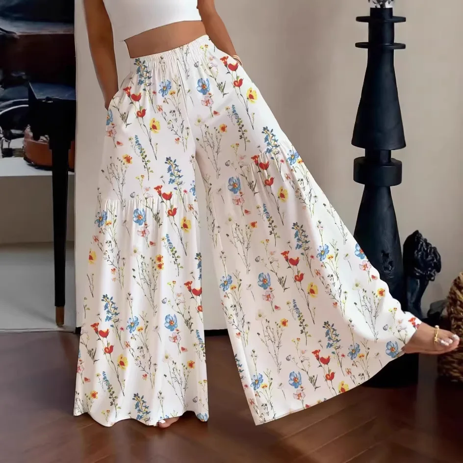 2026 Summer Fairy Floral Pants Women's High Waist Loose Thin Wide Leg Elegant Skinny Versatile Straight Pants Female Trousers