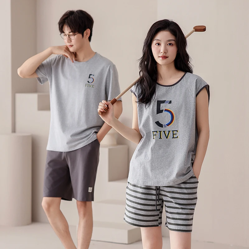 

Newest Couple 100% Cotton Pajama Set Summer Men Short Sleeve Pyjamas Women Sleeveless Sleepwear