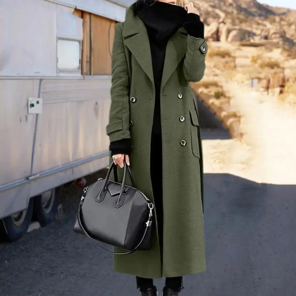 Long Double-breasted Coat Women Coat Women’s Double-breasted Overcoat with Turn-down Collar Mid-calf Length Slim for Commuting