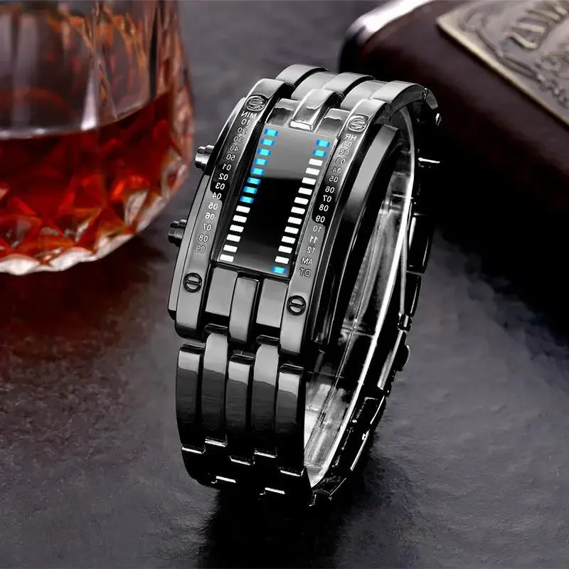 Montre Électronique de dehors pour Homme, Étanche à 50m, Lave, Double Nucleo Lamp, LED, Bande en Acier Binaire