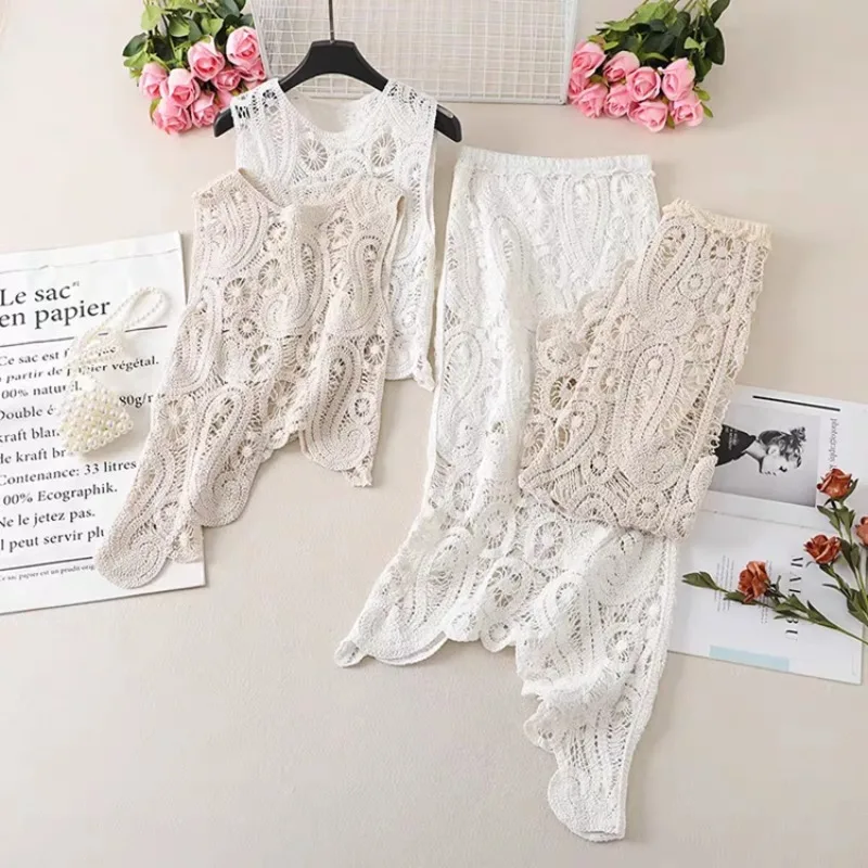 Chic Retro Hollow Mesh Hook Flower Tank+Elastic Waist Midi SKirt 2-piece Set Summer Women's Sets New Skinny High Waist Skirt Set