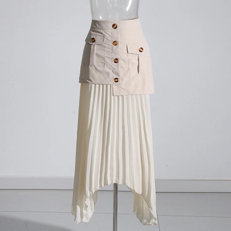 Fashion Women's Skirt High Waist Spliced Single Breasted Pleated Irregular Solid Color Long Skirts Spring 2025 New p1709