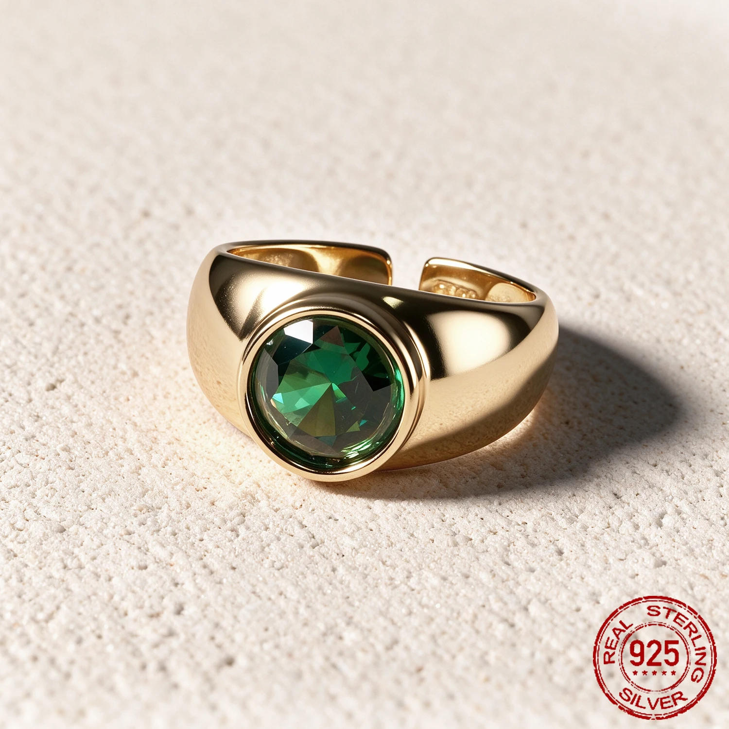 OZAN 925 Sterling Silver Ring Round Green CZ Open Ajustable Cocktail Ring 18K Yellow Gold Plated Gemstone Jewelry for Women Lady