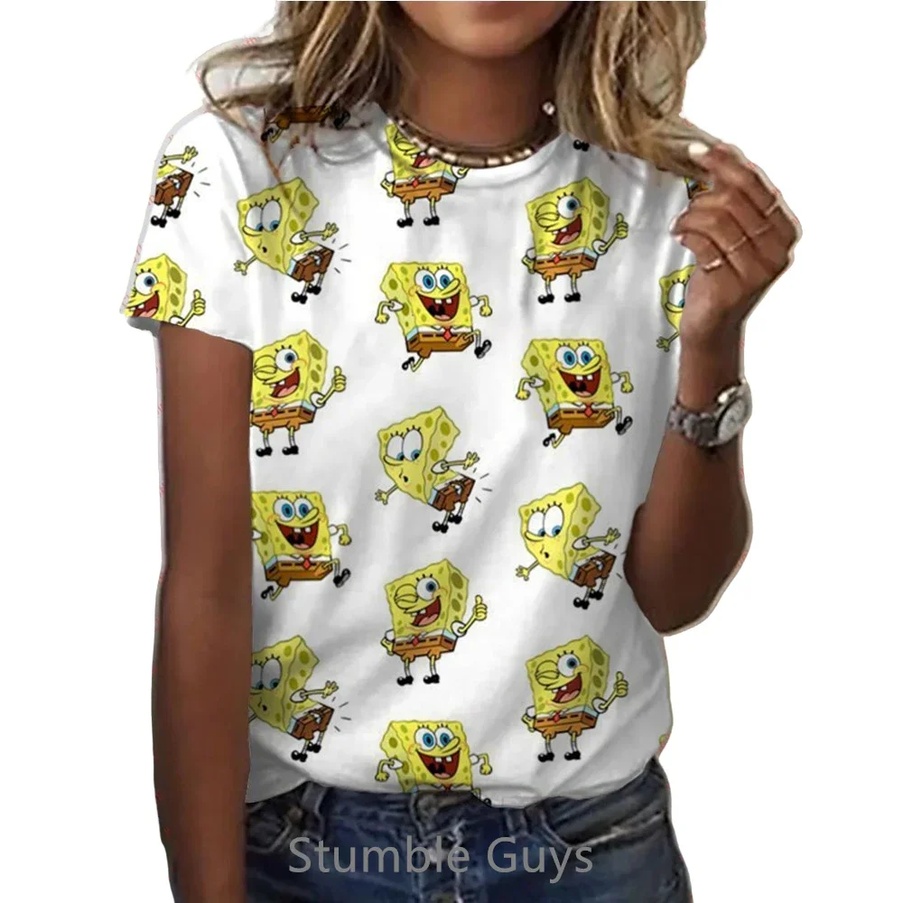 SpongeBob Tshirt Women Summer T-shirt Casual Anime Short-sleeved Fashion 2024 New 3D Kids T-shirt Girls Clothes