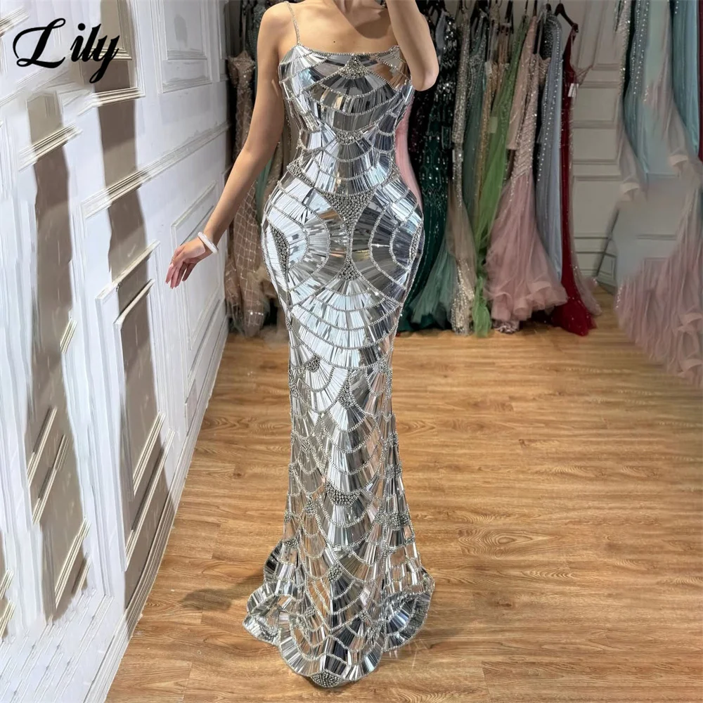 Lily Silver Evening Dress Spaghetti Strap Prom Dress Geometric Sequin Beaded Party Dress Mermaid Celebrity Gala Dress Customized