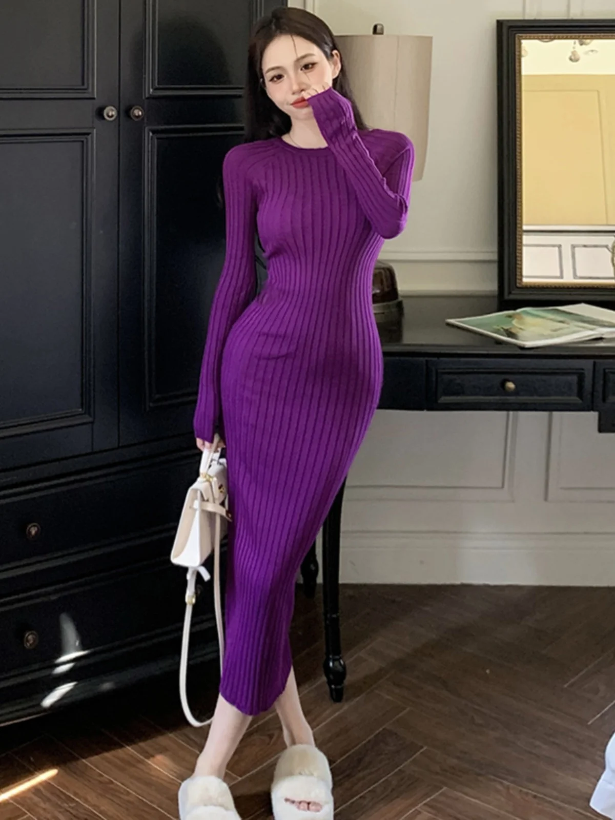 

Womens Dresses Korean Version O-neck Knitted Autumn Winter 2023 New Long Sleeved Loose Fashion Sweater Dress Female G108