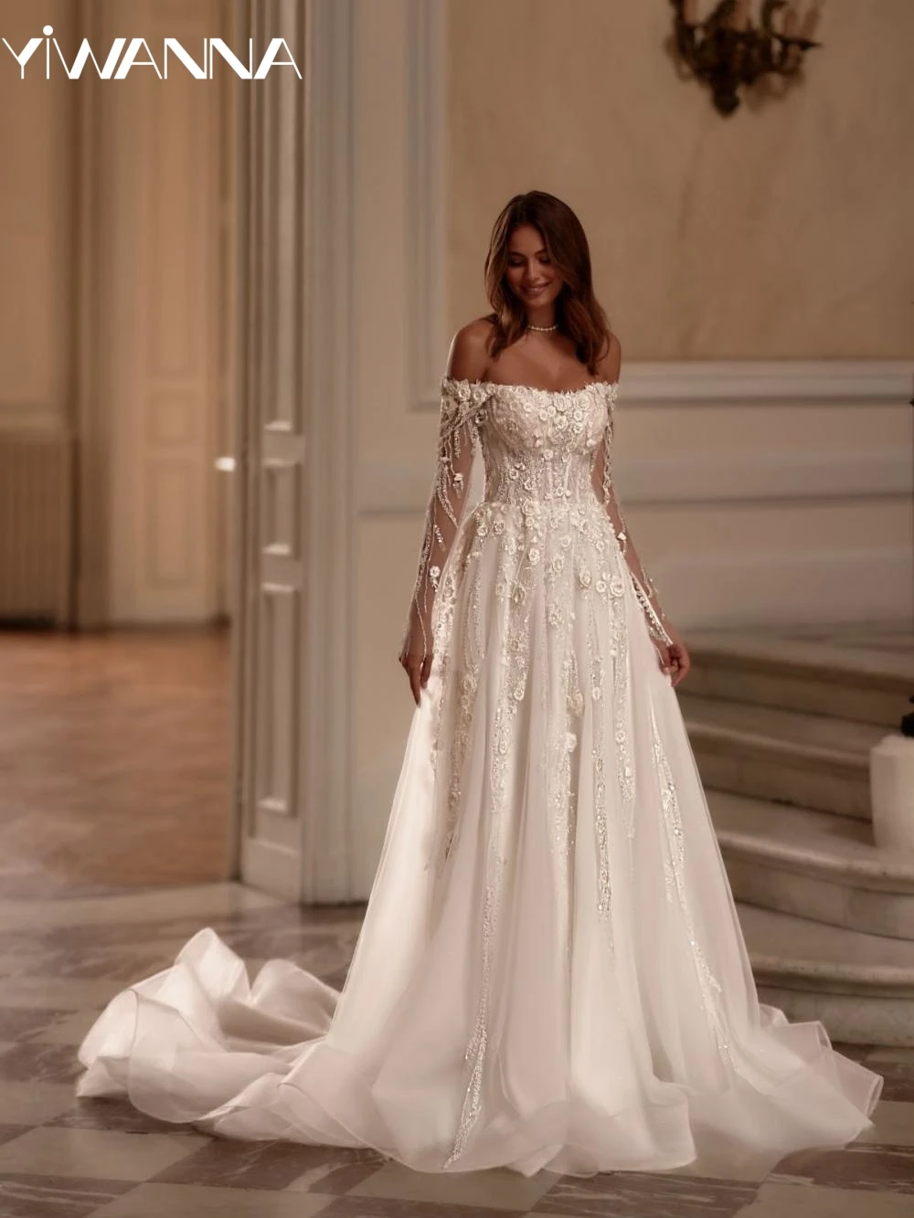 Vestido de novia de tul con flores en 3D de ensueño, vestido de novia con lentejuelas y hombros descubiertos, nuevos vestidos elegantes personalizados con cuentas para novia