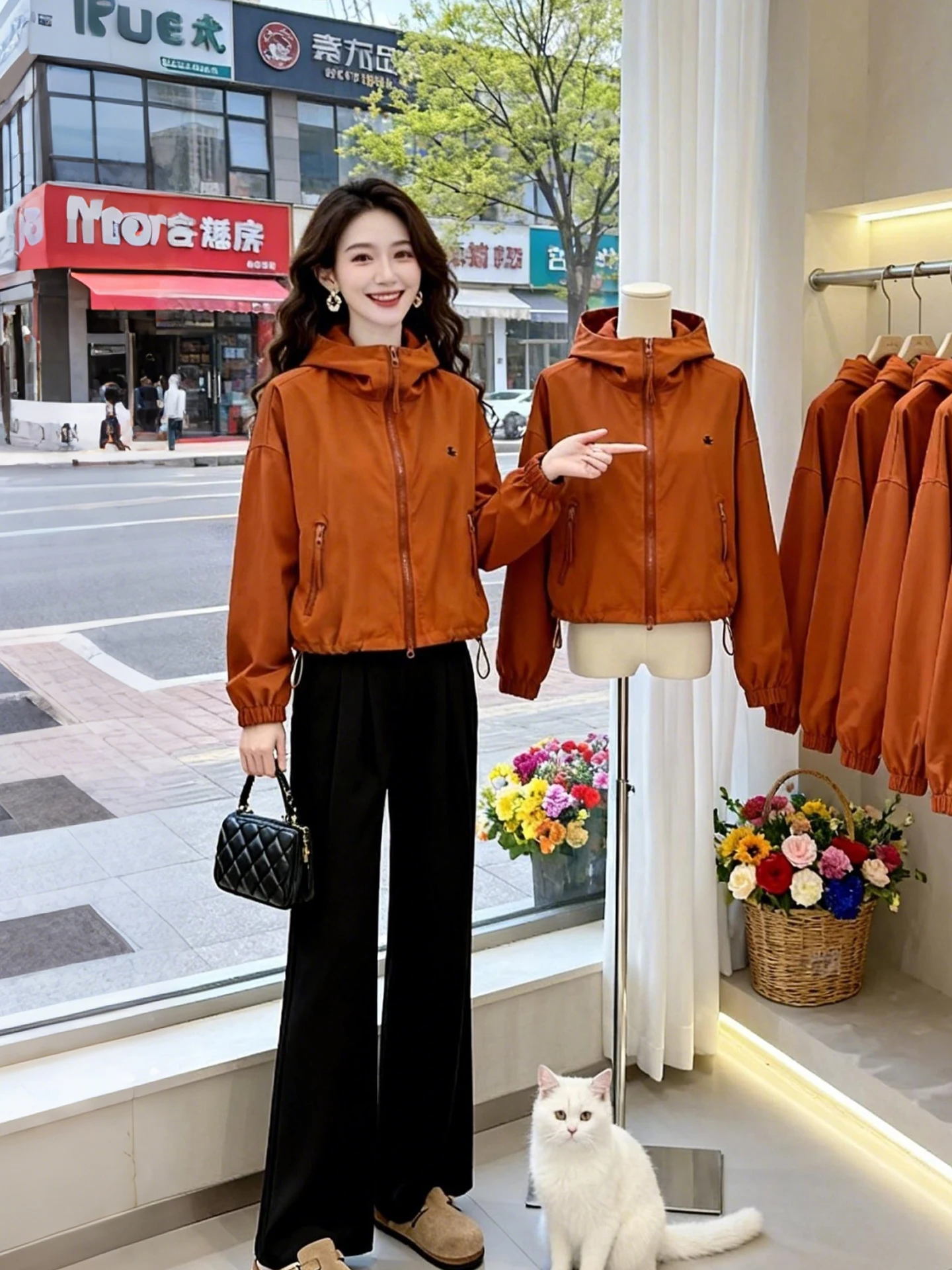 

Ladies Fashionable Casual Short Hooded Jacket Spring Autumn New Arrival Outerwear Compact Size Zipper Closure Long Sleeve