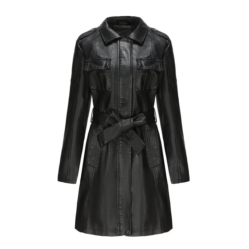 Spring Autumn Women Min-Long PU Leather Jackets Fashion Women Multi Pockets Windbreaker Motorcycle Faux Leather Trench Coats