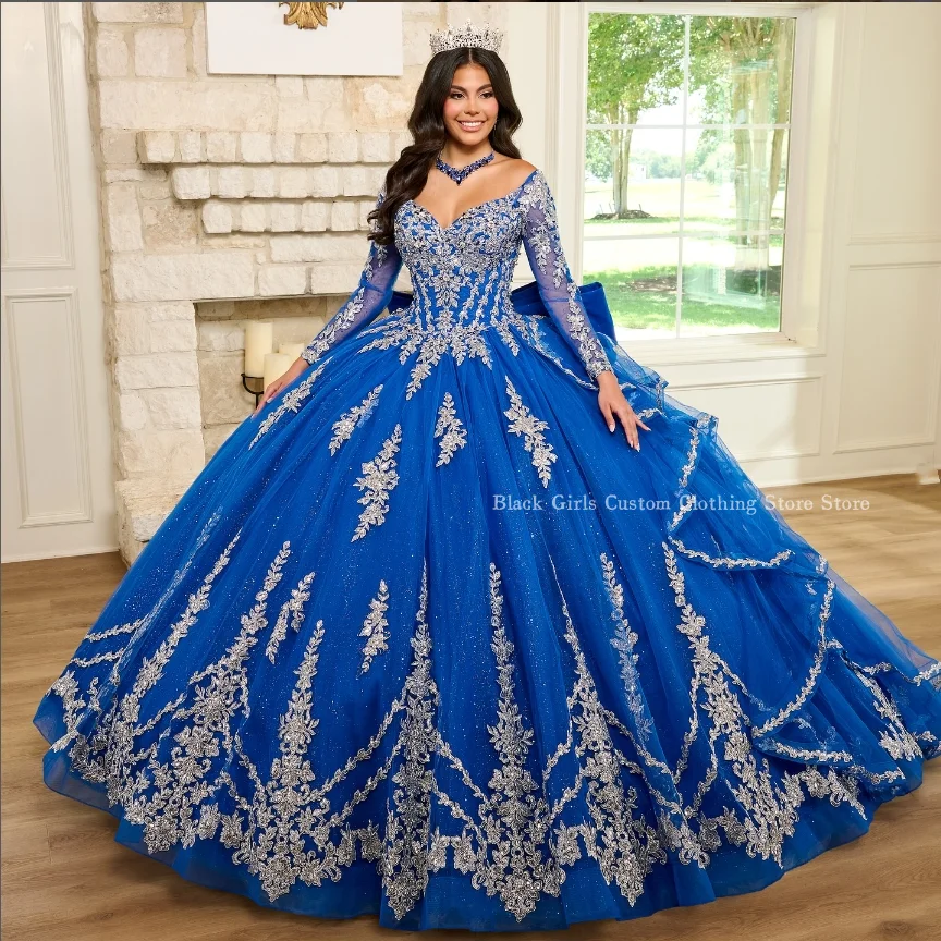 Treasure Blue Princess Ball Gowns Quinceanera Dresses v Neck Long Sleeve Crystal Beaded Applique Tulle Poncho فساتين سهره