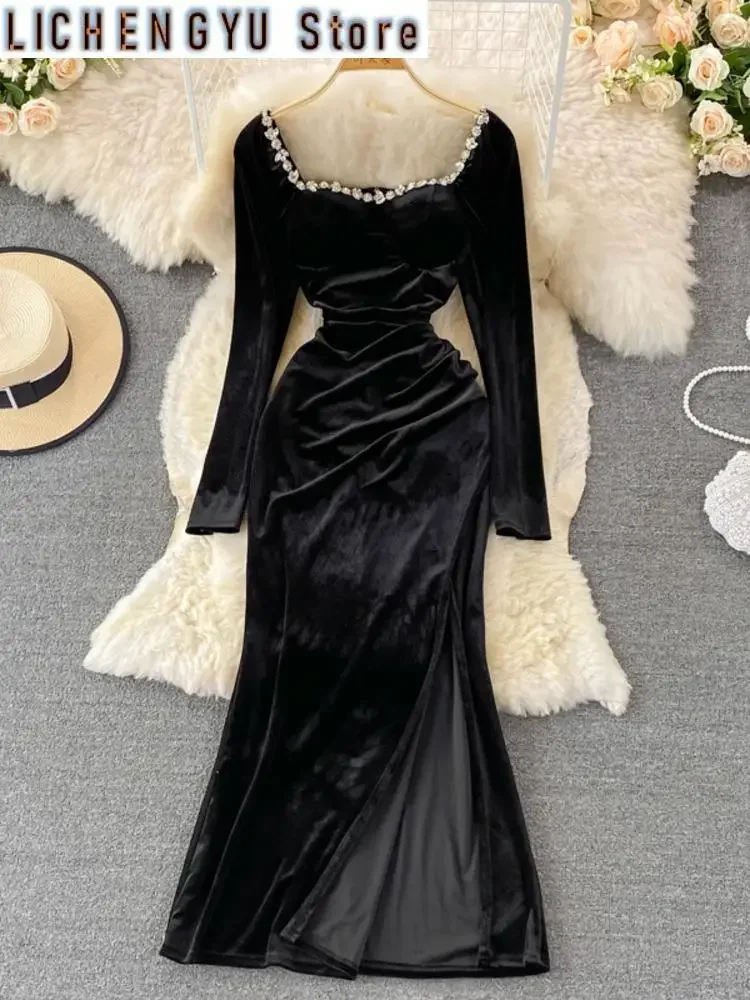 

Elegant Chic Women's Dress Split Diamonds Velvet Long-sleeve Solid Color High Waist Dresses Autumn Winter New