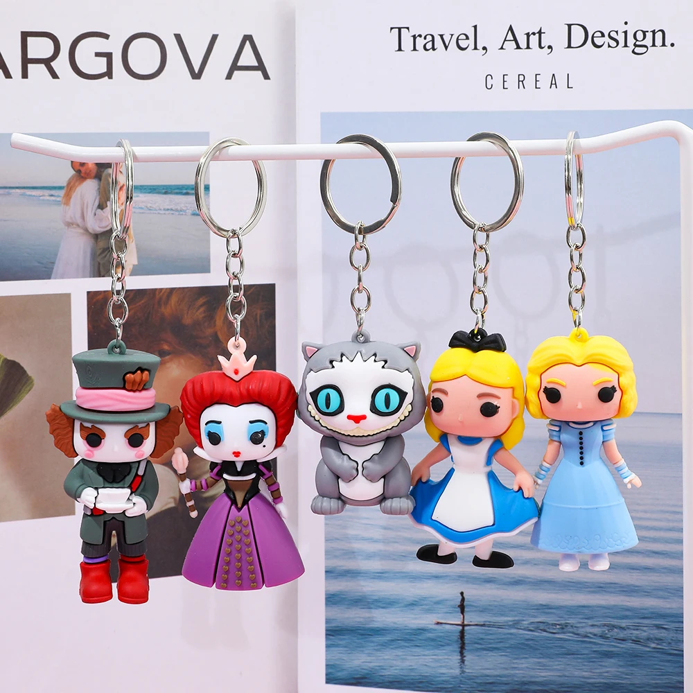 

5 PCS Disney Alice in Wonderland Silicone Keychains | Mad Hatter, Cheshire Cat Figure Rings | Bag Decor & Party Gifts