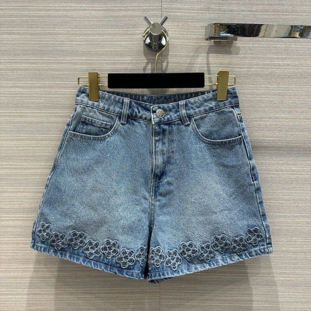 2024 New Fashion Summer Denim Shorts Women Solid Color High Waist Embroidery Hollow Out Flower Pattern Sweet Shorts