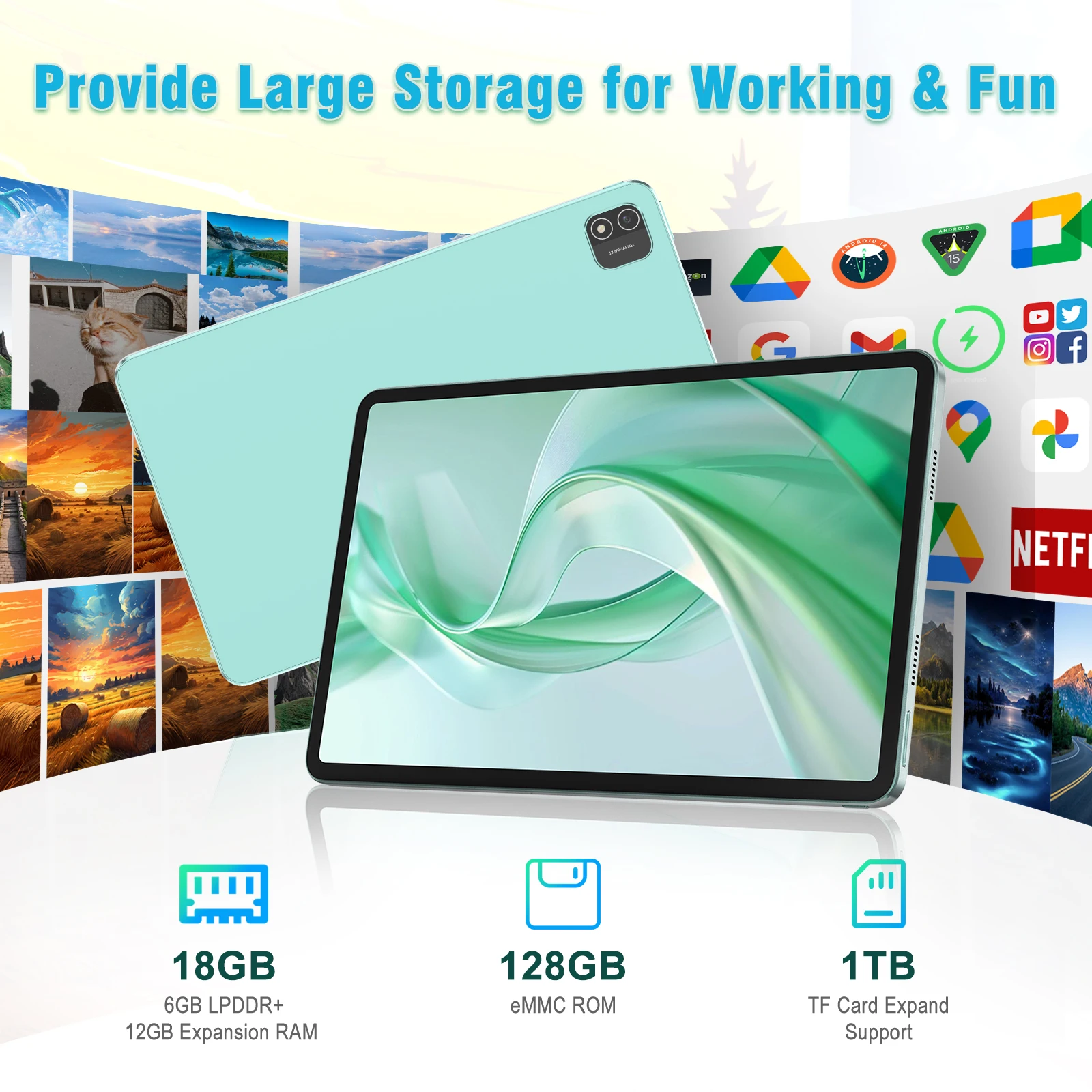 Azeyou 11 Inch Tablet Android 15 - T606, 18GB/128GB, 1200x1920 FHD, 8000mAh Battery, Protective Case Included