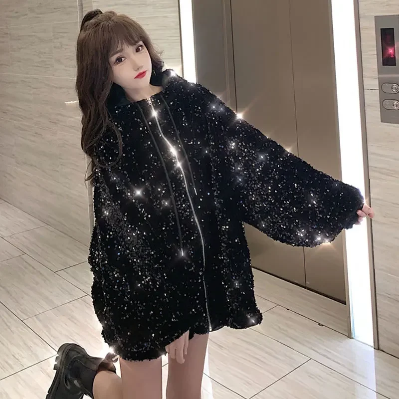 Women Sequined Bomber Jacket Streetwear Casual Shiny Beaded Zipper Hooded Sequins Cardigan Drawstring Dance Crop Tops Chaqueta