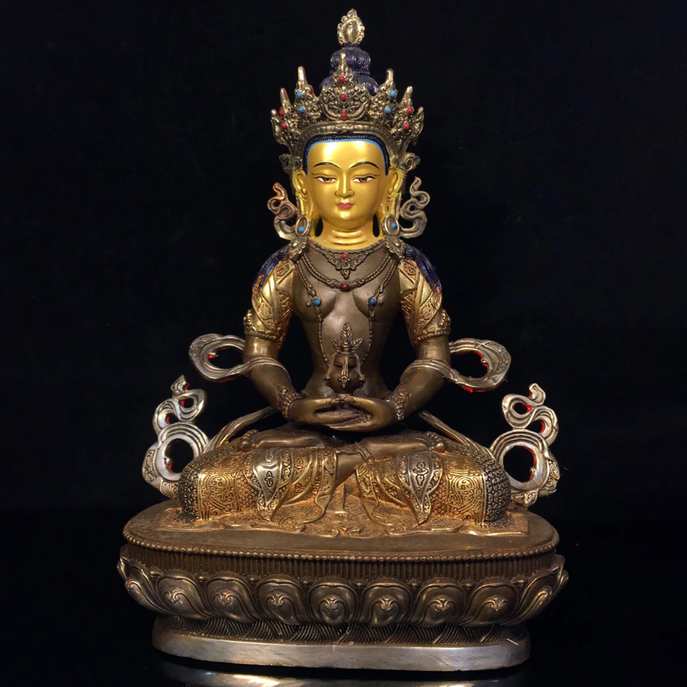 Vintage Copper Gilt Gemstone Inlaid Gold Silver Longevity Buddha Statue Serene Face Heavy Patina Exquisite