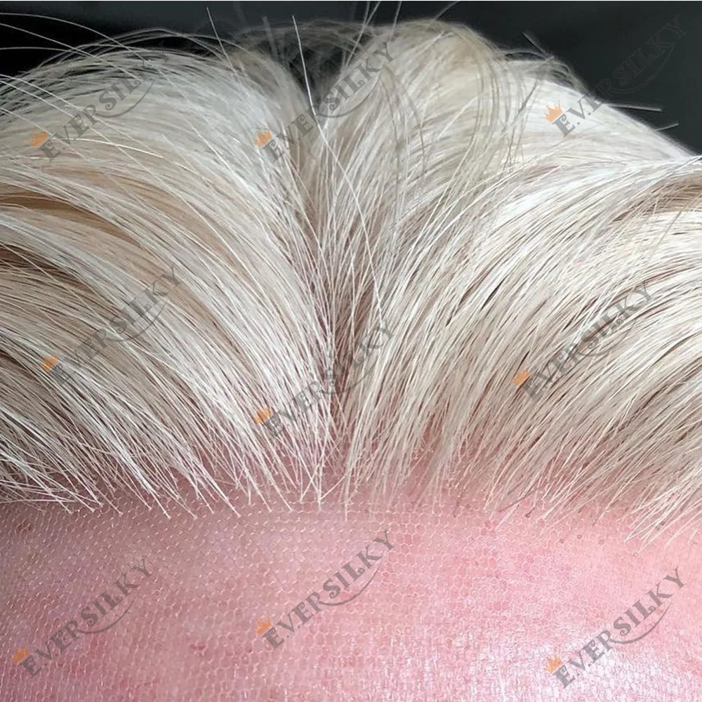 

Платиновый блондин 60R, полностью швейцарское кружево, светлый средний мужской парик, необнаружимая естественная линия волос, система замены седых человеческих волос